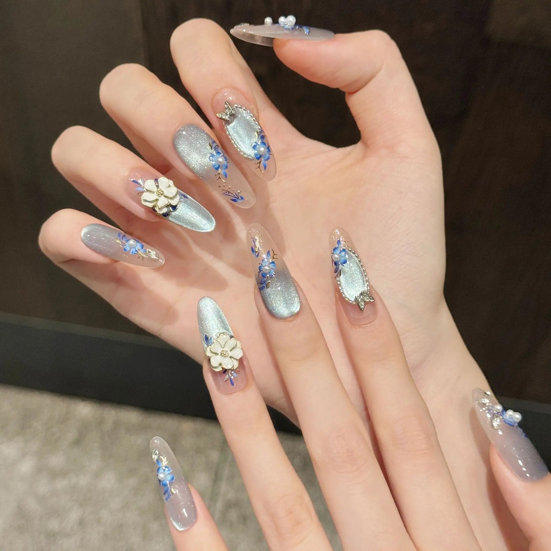 10pcs Cat's Eye French Handmade Fake Nail Art Simple Flower Diamond Design Long Almond False Nails Tips Reusable Press on Nails