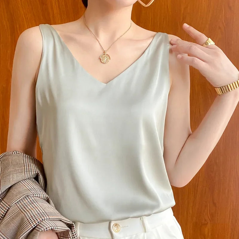 Ice Silk Camisole Women's V-neck Tops White Satin Camis Mulberry Summer Ladies' Crop Top Women Solid Blouse Vest Bean Paste Green