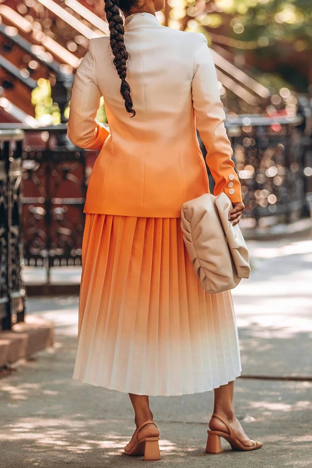 Plus Size Business Casual Skirt Set Orange Gradient Pleated Long Sleeve Blazer Suit Two Piece Skirt Set