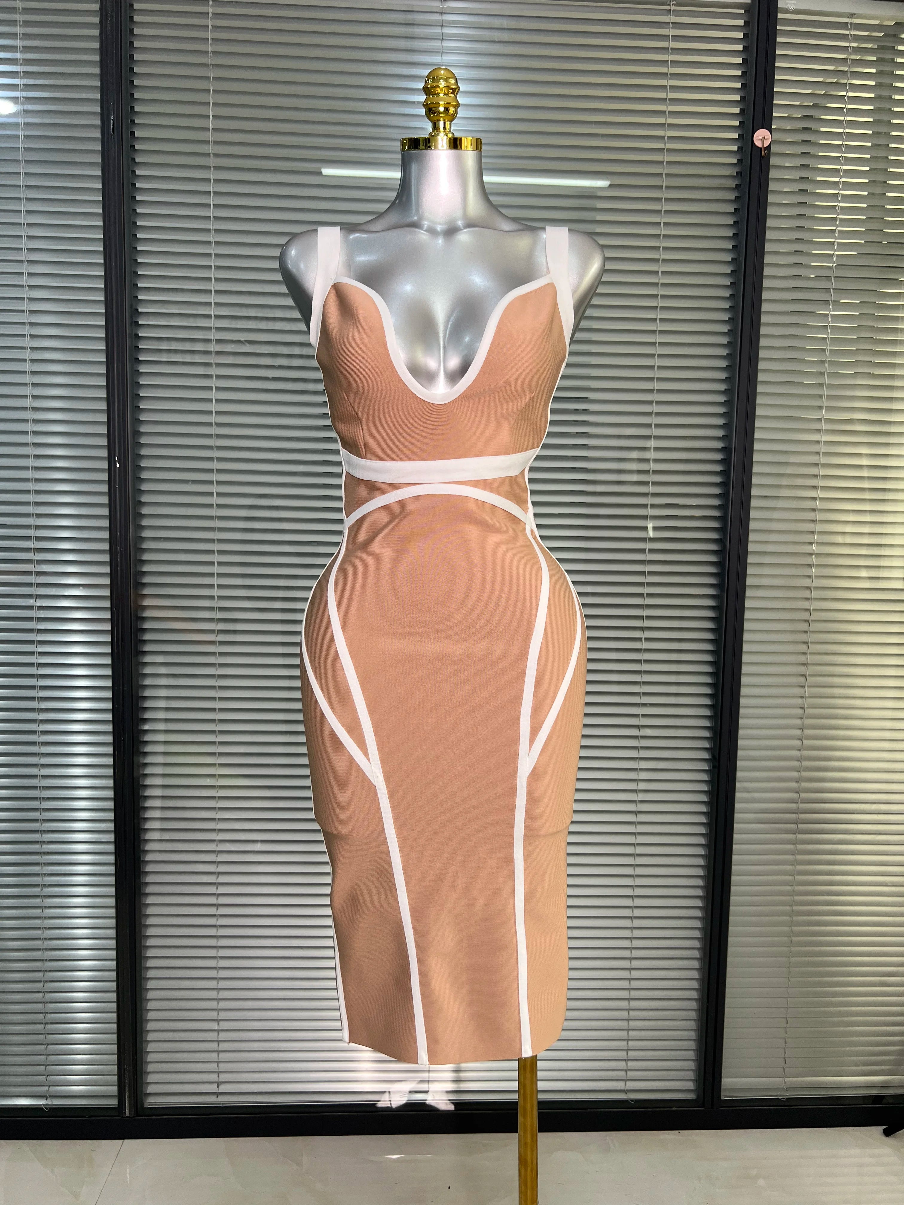 Summer New 2025 Women Sexy Beige Patchwork Midi Bodycon Bandage Dress Knitted Evening Party Dress Vestido