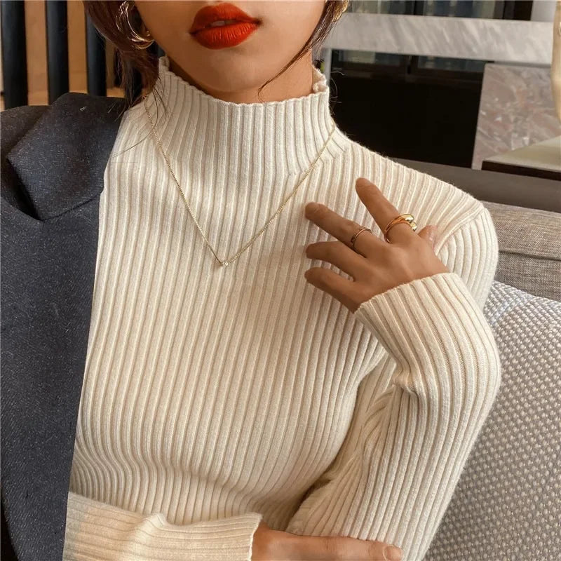 Elegant Solid Basic Knitted Tops Women Turtlneck Sweater Long Sleeve Casual Slim Pullover Korean Fashion Simple Chic Clothes