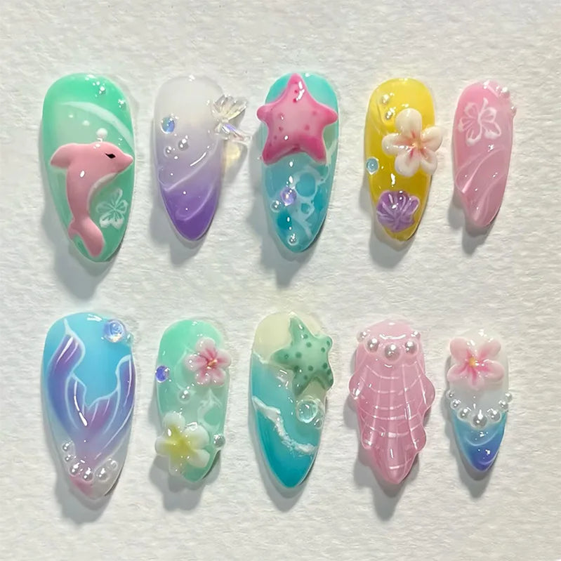 24Pcs 3D Green Ripple Design False Nails Cat's Eye French Almond Fake Nail Tips Leaves Pattern Removable Oval Press on Nails