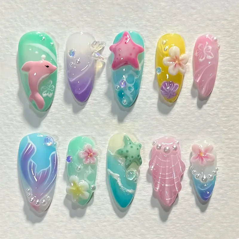 24Pcs 3D Green Ripple Design False Nails Cat's Eye French Almond Fake Nail Tips Leaves Pattern Removable Oval Press on Nails