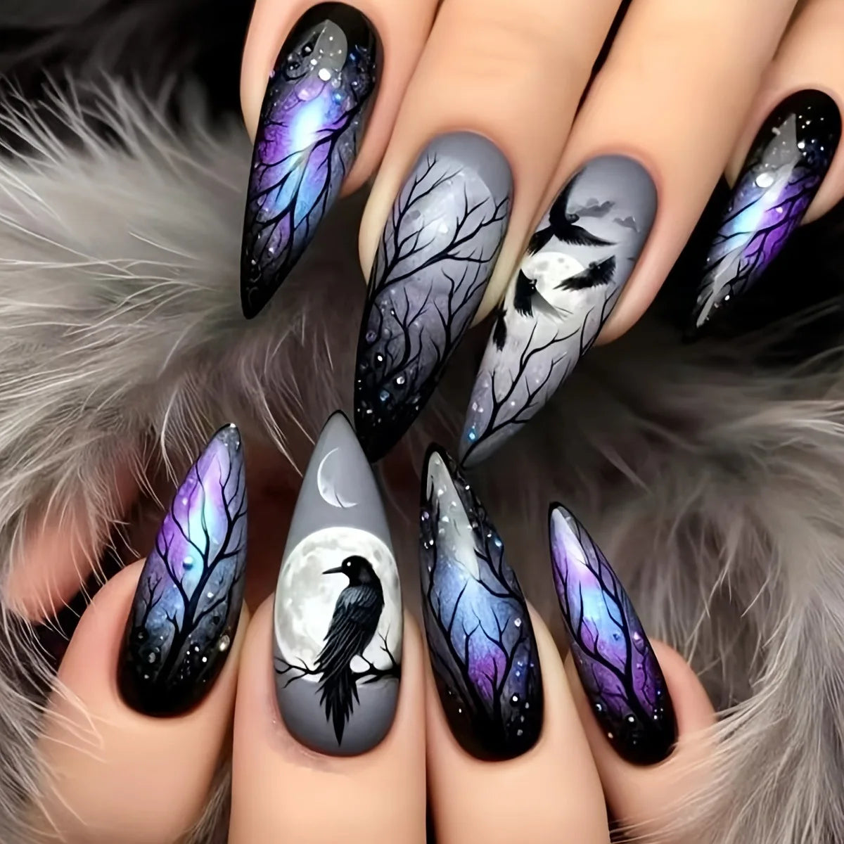 24pcs/set Short Medium fake nails for Halloween party Dead trees and crows bat Night sky Square almond tips press on false nail
