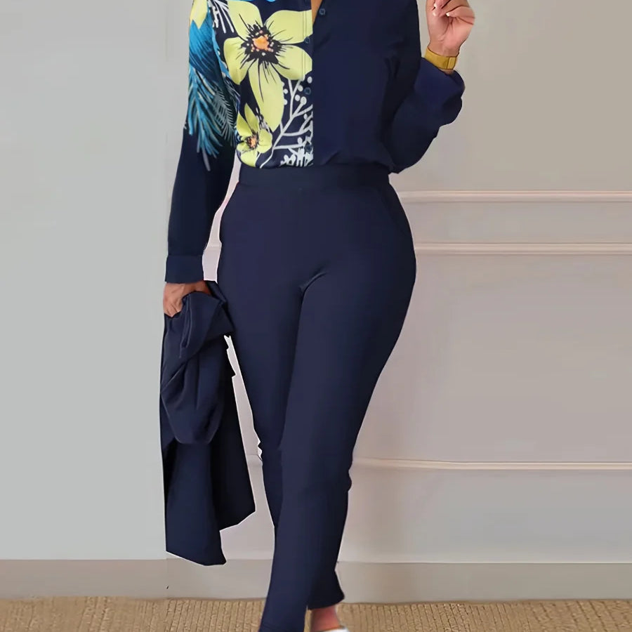 LW Plus Size Women Spring Summer Office Lady Elegant Long Sleeve Turndown Collar Shirt Floral Print Regular Fit Pants Set