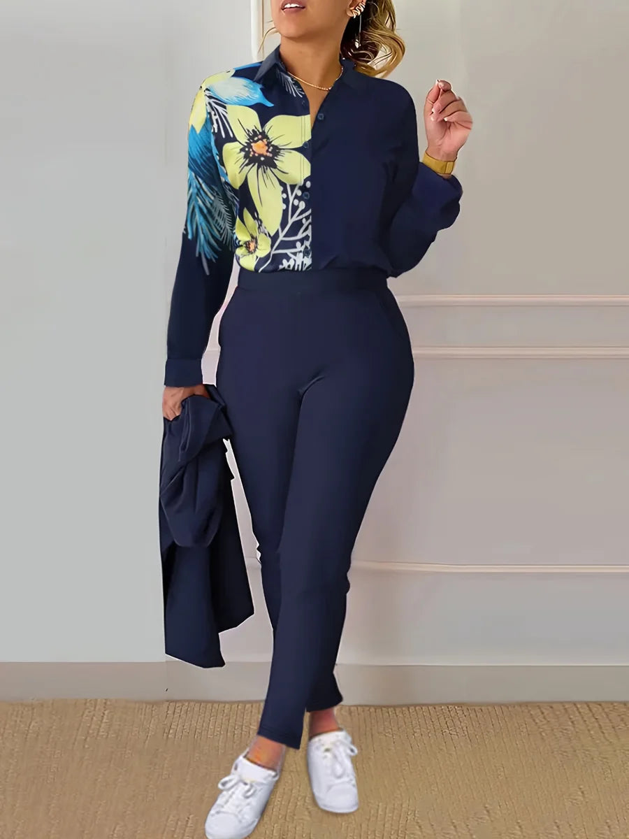 LW Plus Size Women Spring Summer Office Lady Elegant Long Sleeve Turndown Collar Shirt Floral Print Regular Fit Pants Set