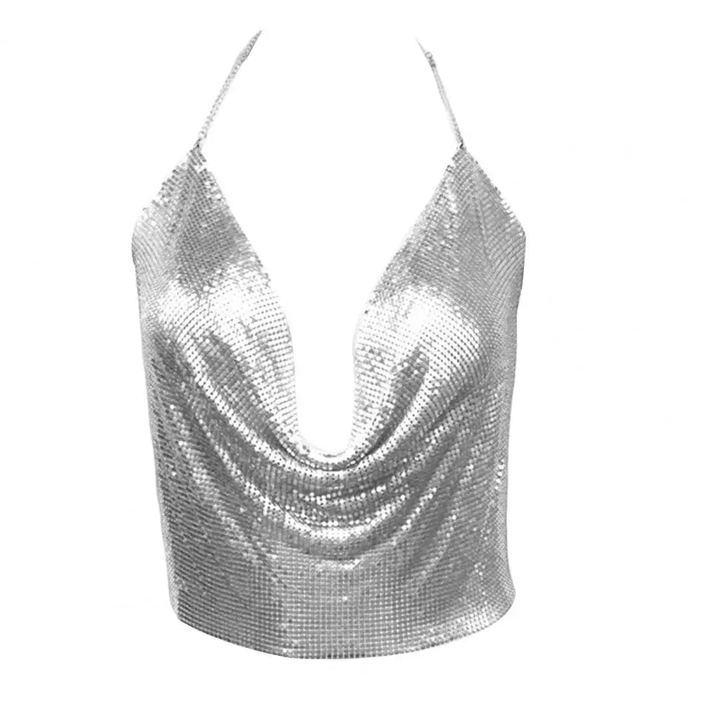 Sexy Vest Loose Summer Vest Deep V-neck Sleeveless Off Shoulder Navel Exposed Women Metal Texture Sexy Low-cut Halter Top Dating Silver One Size