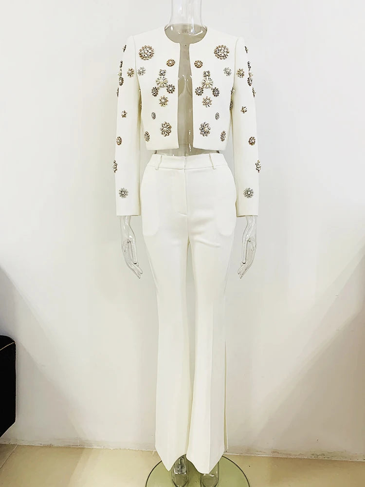 HIGH STREET est Fashion 2024 Designer Suit Set Women's Pearls Diamonds Rhinestone Beaded Trimed Jacket Flare Slit Pants Suit