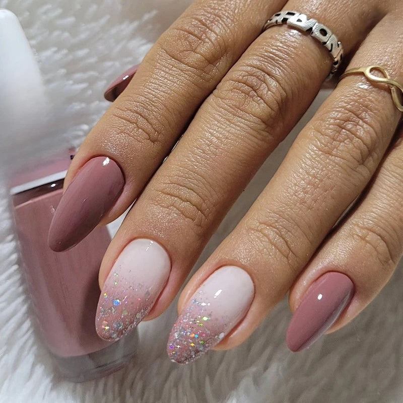 24Pcs Simple Glitter False Nails with Glue Short Oval Almond Fake Nails Yellow Crescent Full Cover Nail Tips Art Press on Nails