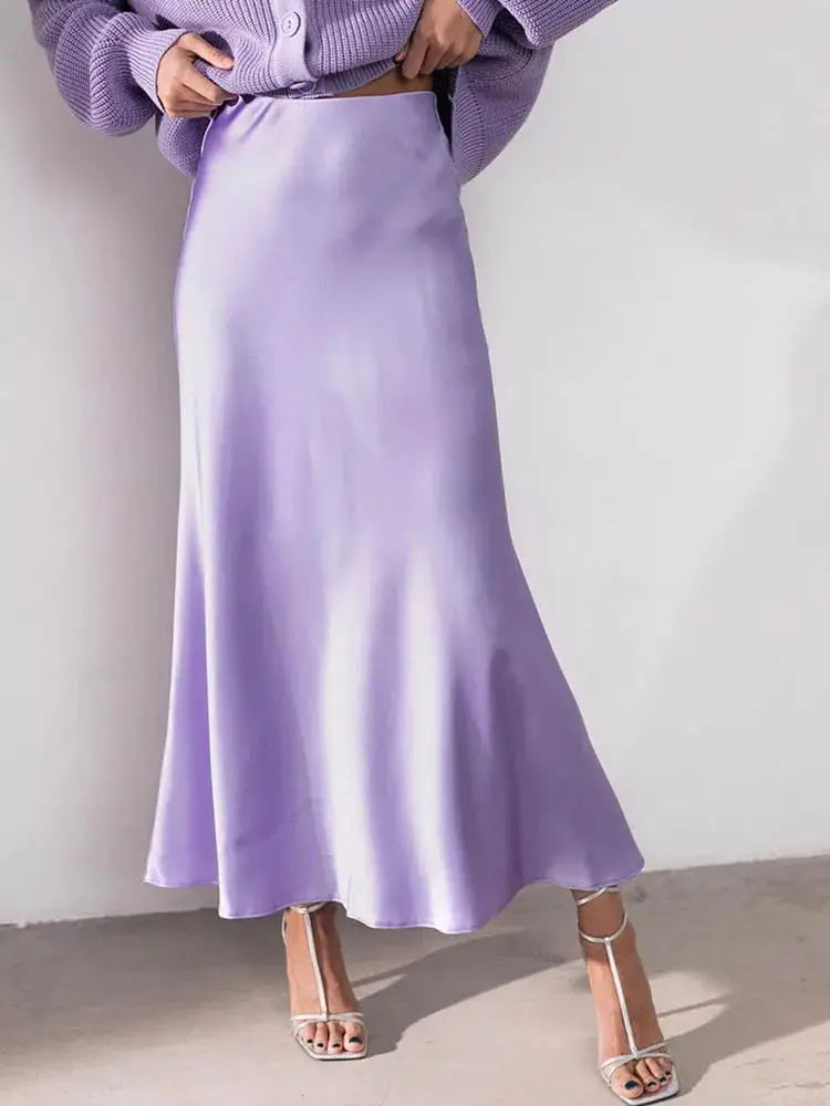 High Waisted Satin Long Skirts for Women Spring/Summer New Women's Skirt A-line Fashion Elegant Slim Fit Grey Black Skirt purple