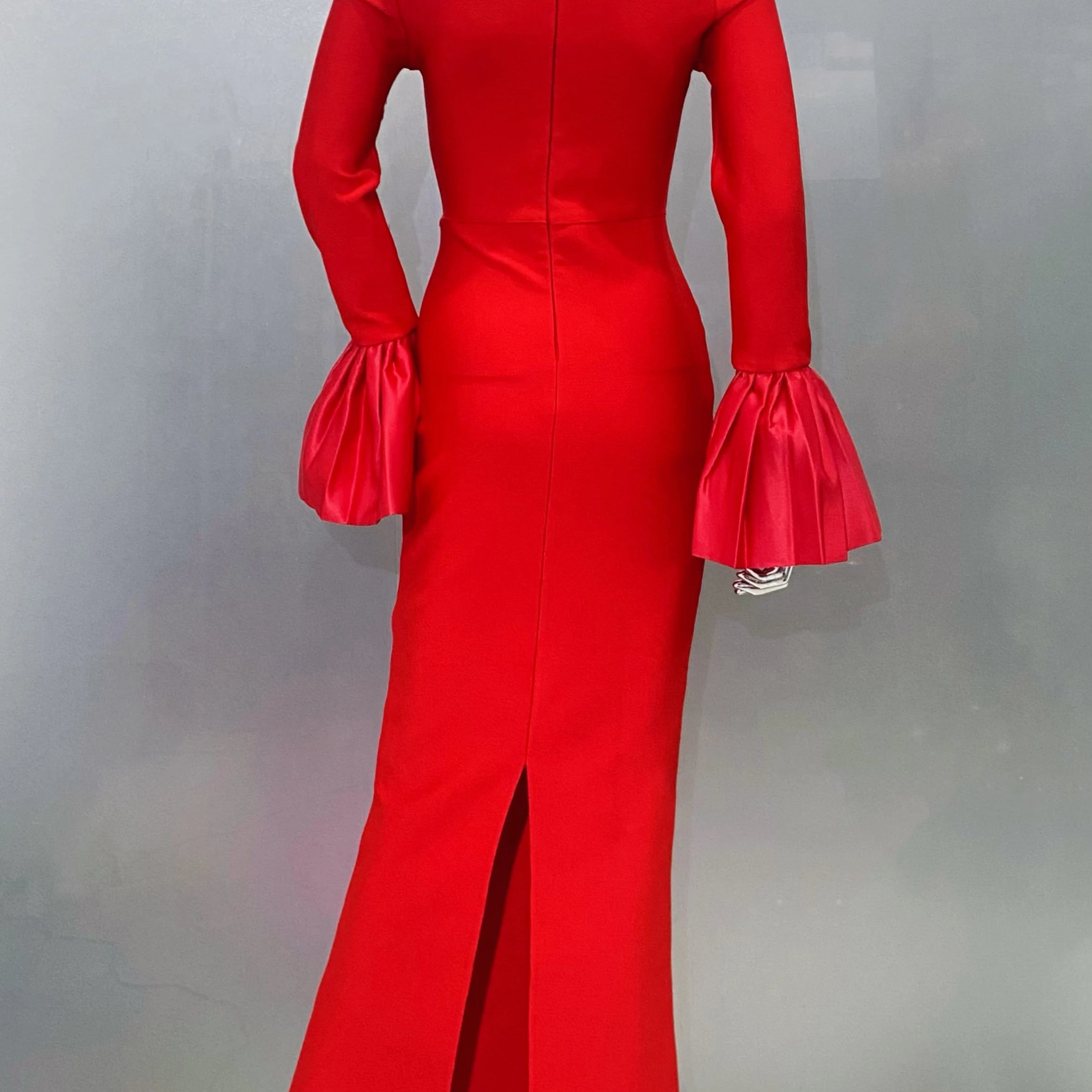 Red Color Women Flare Sleeve Shinning Crystal Necklace Bodycon Bandage Long Dress Elegant Evening Party Celebrate Dress