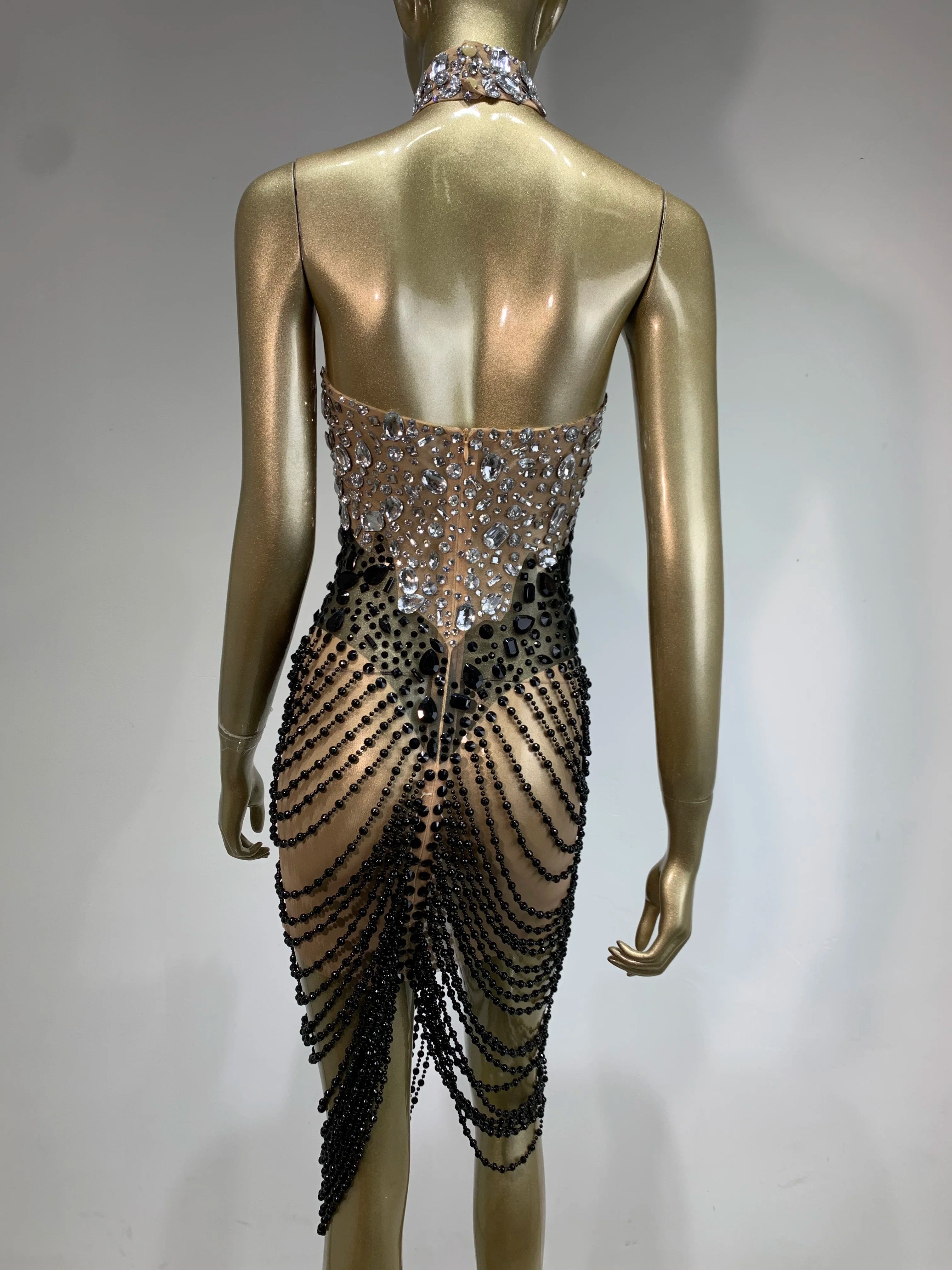 Women Sexy Backless Halter Crystal Diamonds Patchwork Mini Dress Birthday Party Costume Bar Nightclub Stage Performance Dress