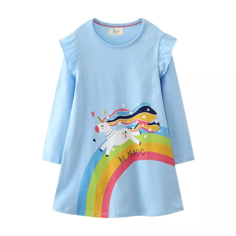 Children's Princess Unicorn Dresses For Autumn Spring Long Sleeve Baby Costume Birthday Toddler Kids Frocks T7381