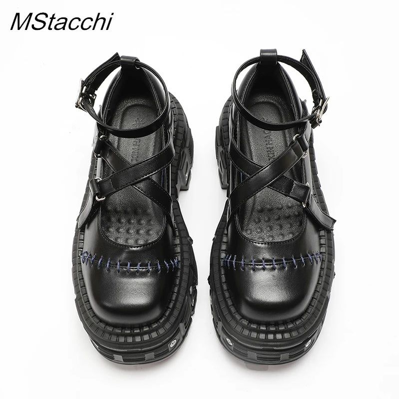 Punk Style Flat Platform Shoes Rivet Buckle Strap Mary Janes Cross Belt Black Leather Thick Bottom Shoes Women Sandals Summer