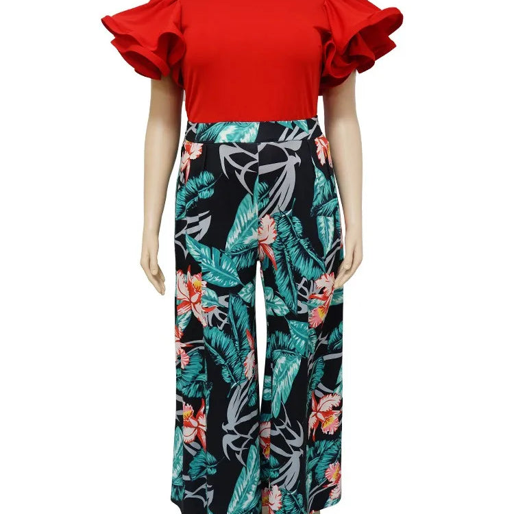 Plus Size Summer 2 Two Piece Set Women Ruffle Pleated Fashion Slim Ladies Blouses Floral Print Loose Pleated Woman Wide Leg Pant