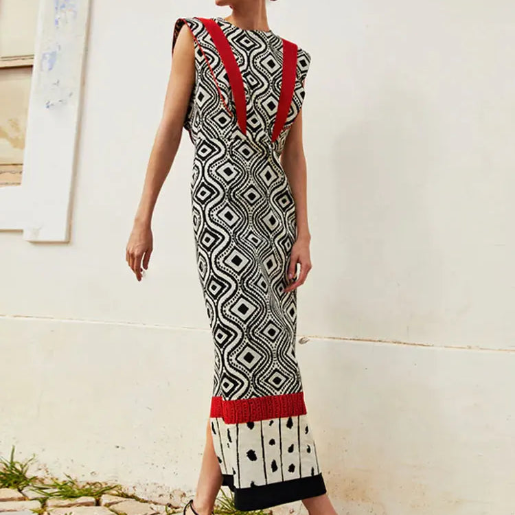Women Elegant Printed Round Neck Long Dress Fashion Flying Sleeves High Waist Color Block Dresses Summer Vacation Street Robes