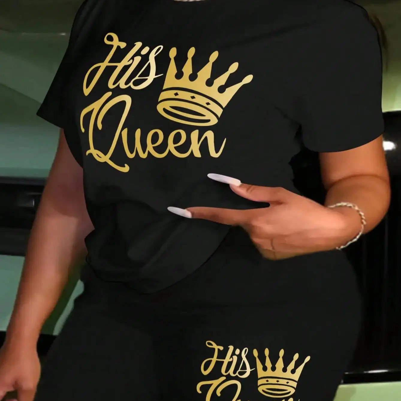 Plus size Women summer clothing Queen printed loose round neck casual black short sleeved T-shirt shorts two-piece set