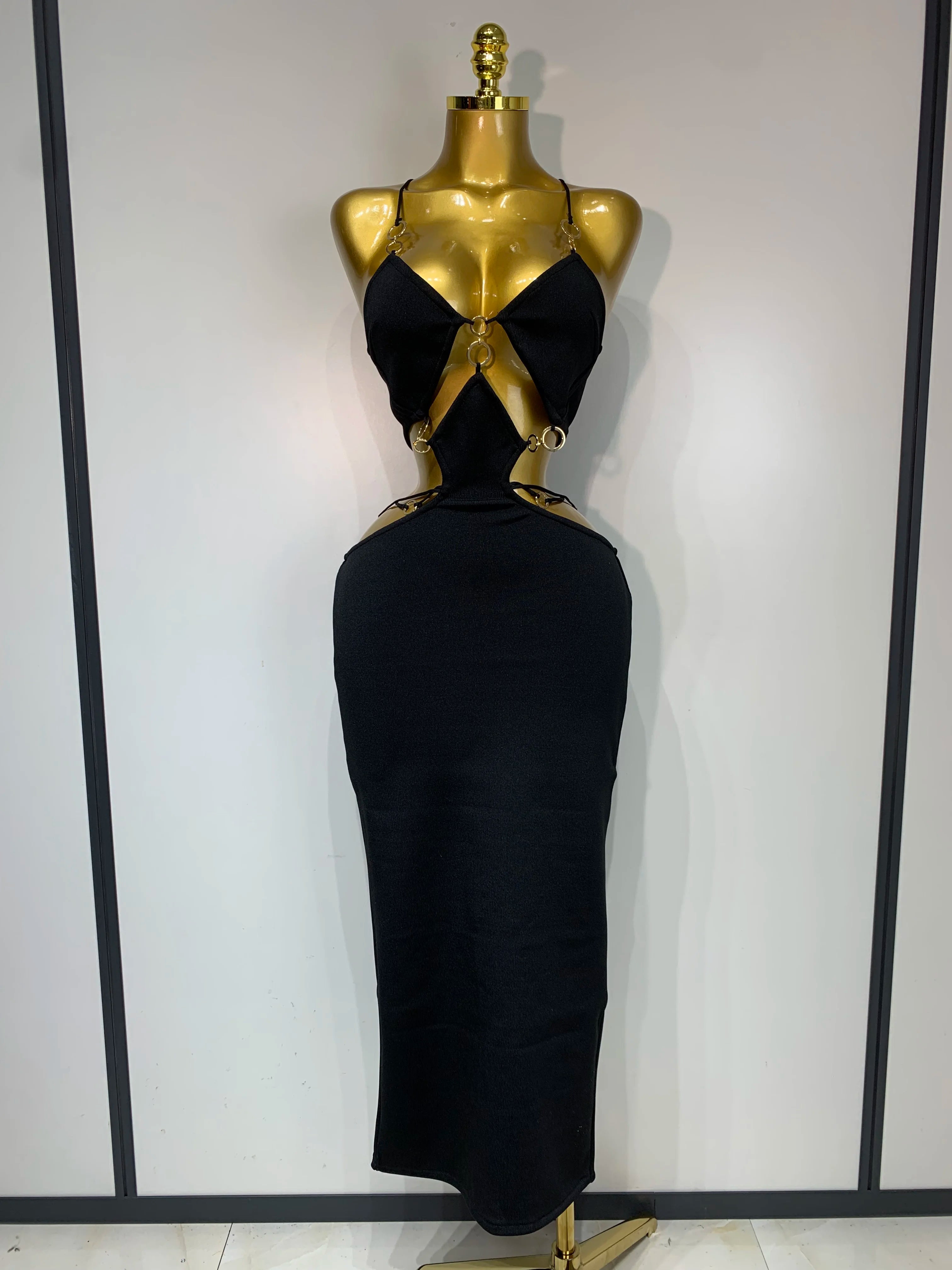 Women Sleeveless Sexy Halter Hollow Out Black Red Bodycon Long Bandage Dress 2025 Celebate Elegant Luxury Birthday Club Dress