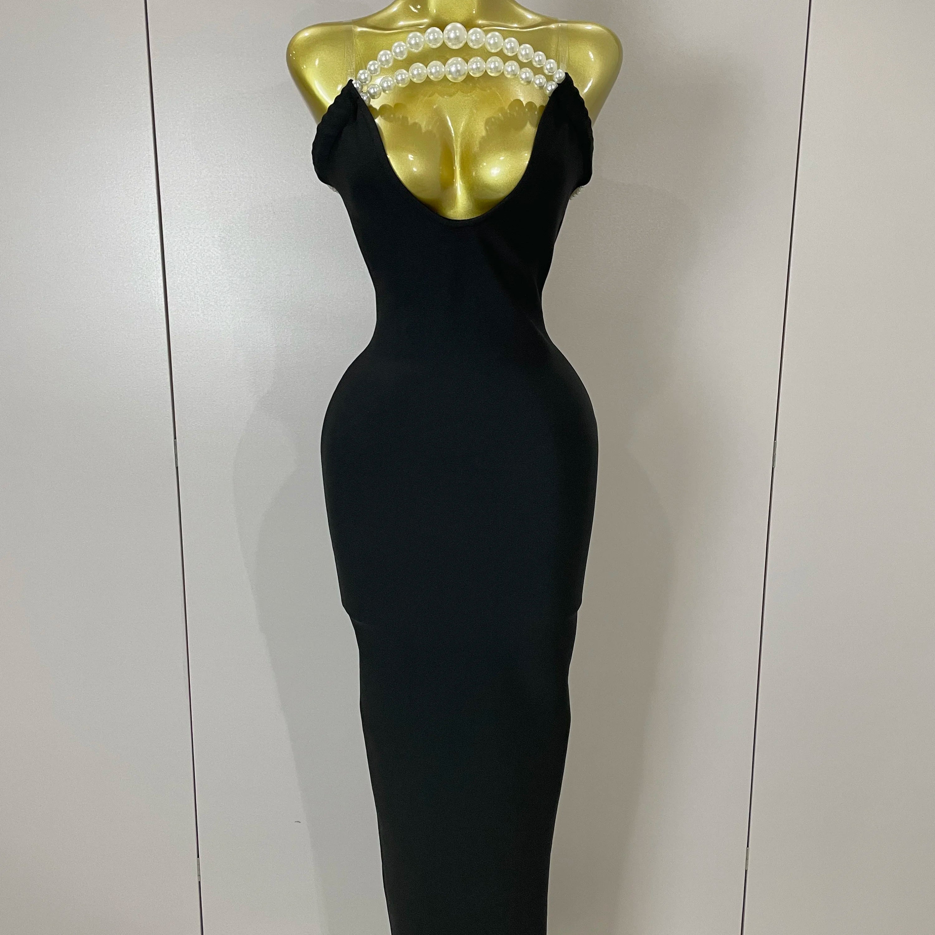 Sexy Backless Strapless Black Beading Long Bandage Bodycon Dress 2025 Women Celebrity Elegant Evening Luxury Birthday Dresses