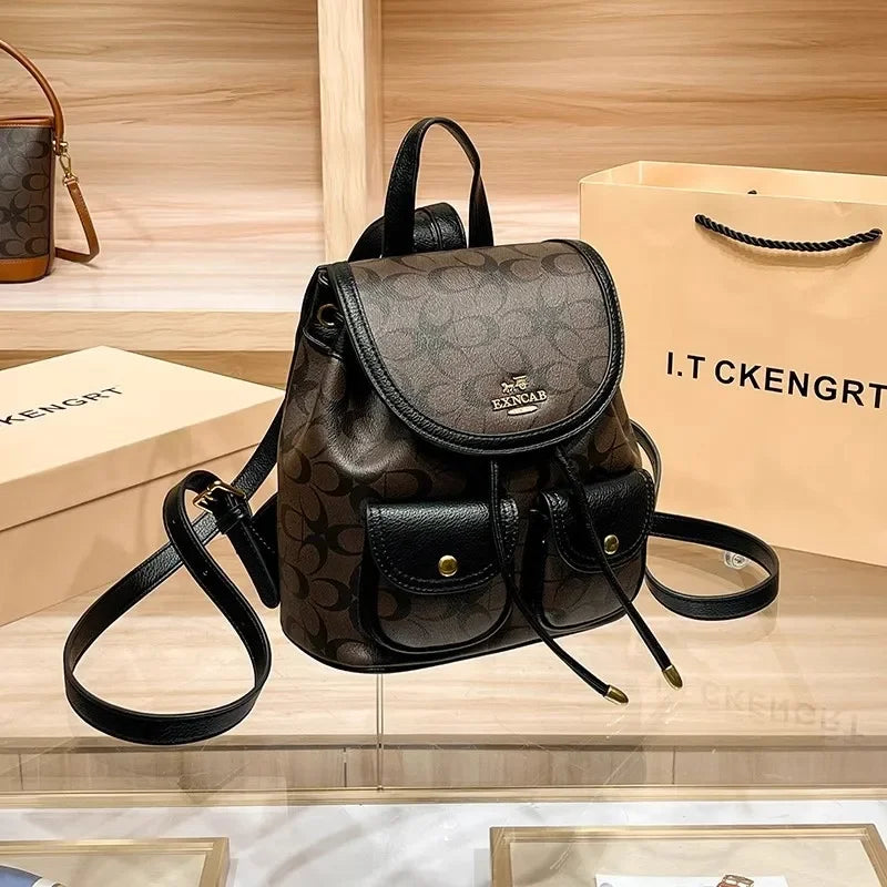 Luxury Fashion Brand Classic Pop Flip Drawstring Backpack with High-quality Vintage Contrast Color Casual Versatile Backpack black