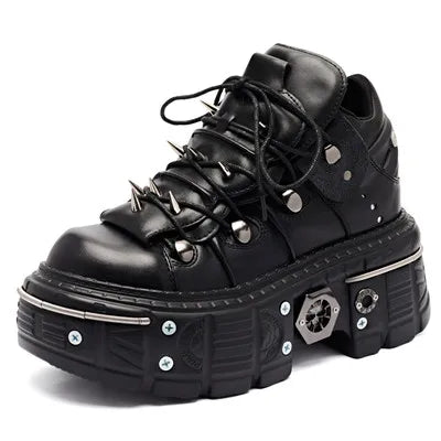 Punk Women Lace-Up Ankle Botas Mujer 2025 Rivet Metal Decoration Round Toe Thick Bottom Boots Woman Nightclub Rock Platform Shoe
