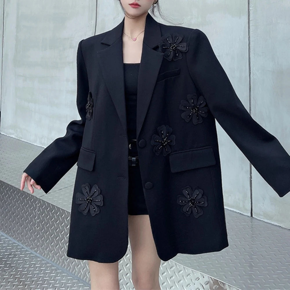 TWOTWINSTYLE Fashion Spliced Appliques Elegant Jackets for Women Lapel Long Sleeves Patchwork Pocket Jacket Female Clothing New