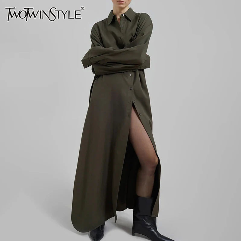 Solid Minimalist Split Dresses For Women Lapel Long Sleeve High Waist Patchwork Single Breasted Loose Dress Female