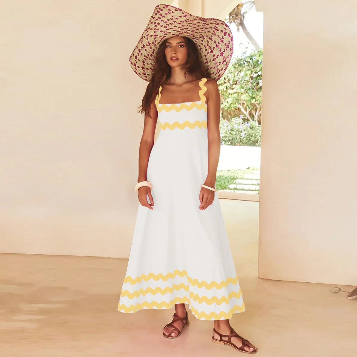 Striped O Neck Printed Long Maxi Dress Women Fashion Sleeveless Streetwear Female Loose Beach Holiday Vestidos Robes Yellow