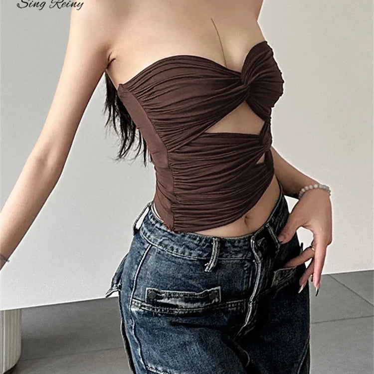 SINGREINY Sensual Strapless Solid Skinny Tank Tops Fashion Cross Short Slim Camisole Female Streetwear Irregular Sexy Tank Tops