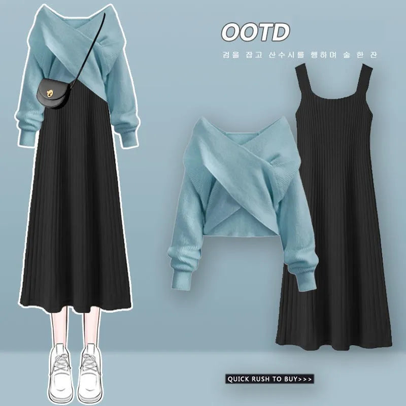 Women's Autumn Winter Knit Dress Two Piece Fashion Cross Sweater+Suspended Skirt Matching Set Korean Elegant Chic Suit Set 08