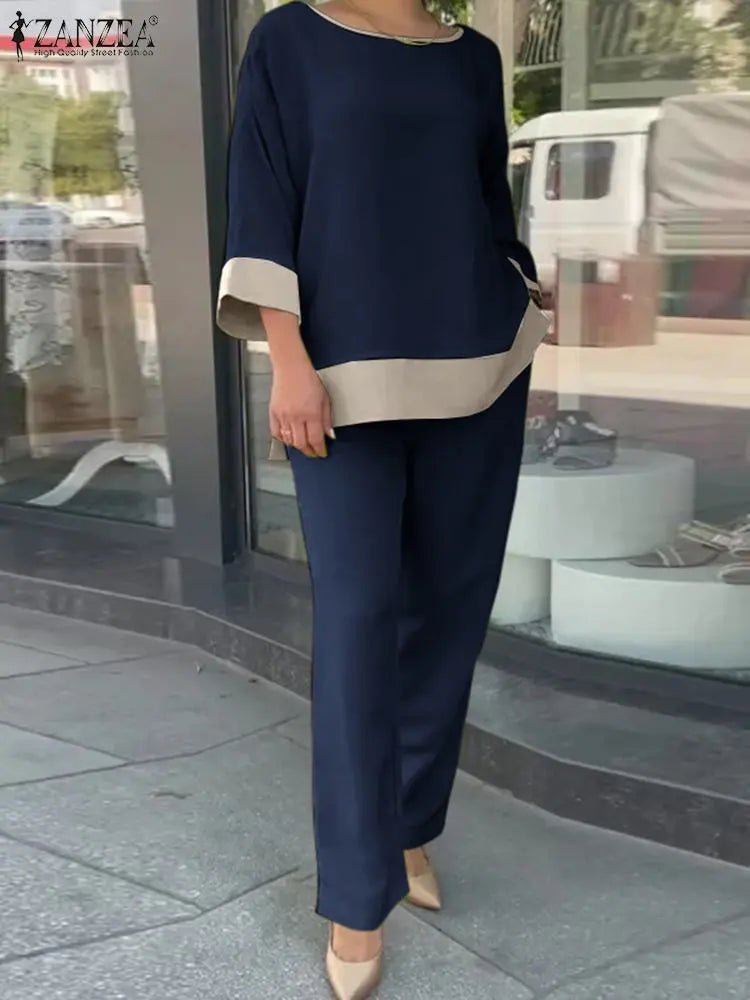 Fashion Women Casual Elegant Pants Sets Spring Summer Loose Outfits Oversized Lady Holiday Solid Patchwork Tracksuit Dark Blue