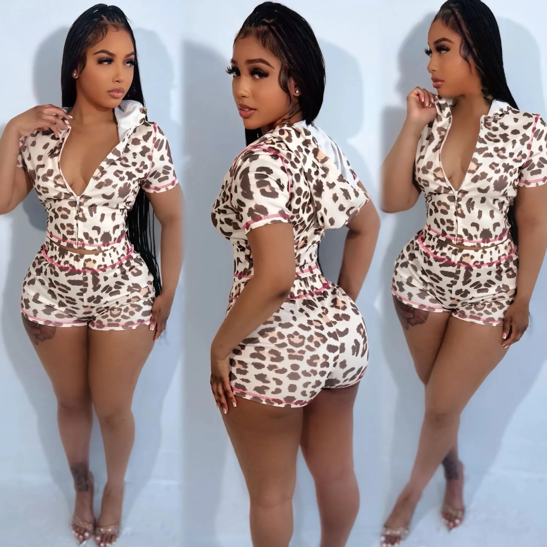 CM.YAYA Fashion Leopard Print Women's Set Short Sleeve Hoodies + Shorts Suit 2025 Streetwear Active Two 2 Piece Set Tracksuit