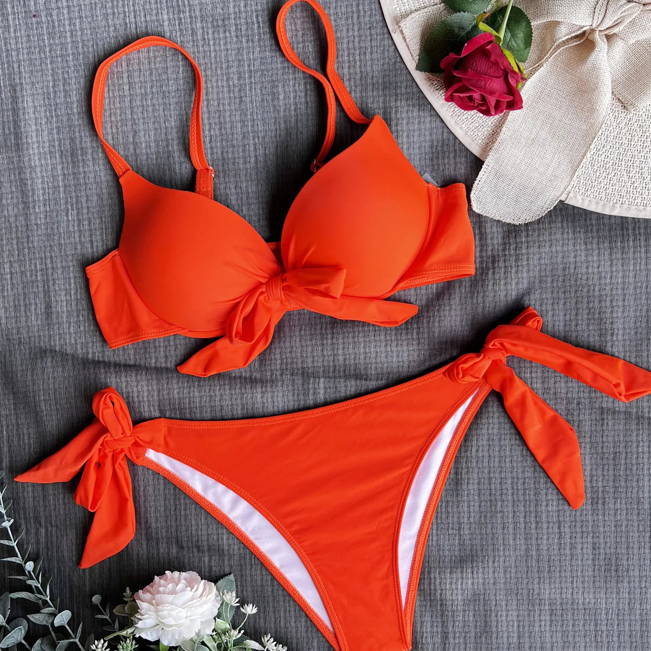 sexy front bow knot push up bikinis two pieces solid swimsuit tie bikini swimsuit Swimwear Biquini conjunto de bikini tankini Orange
