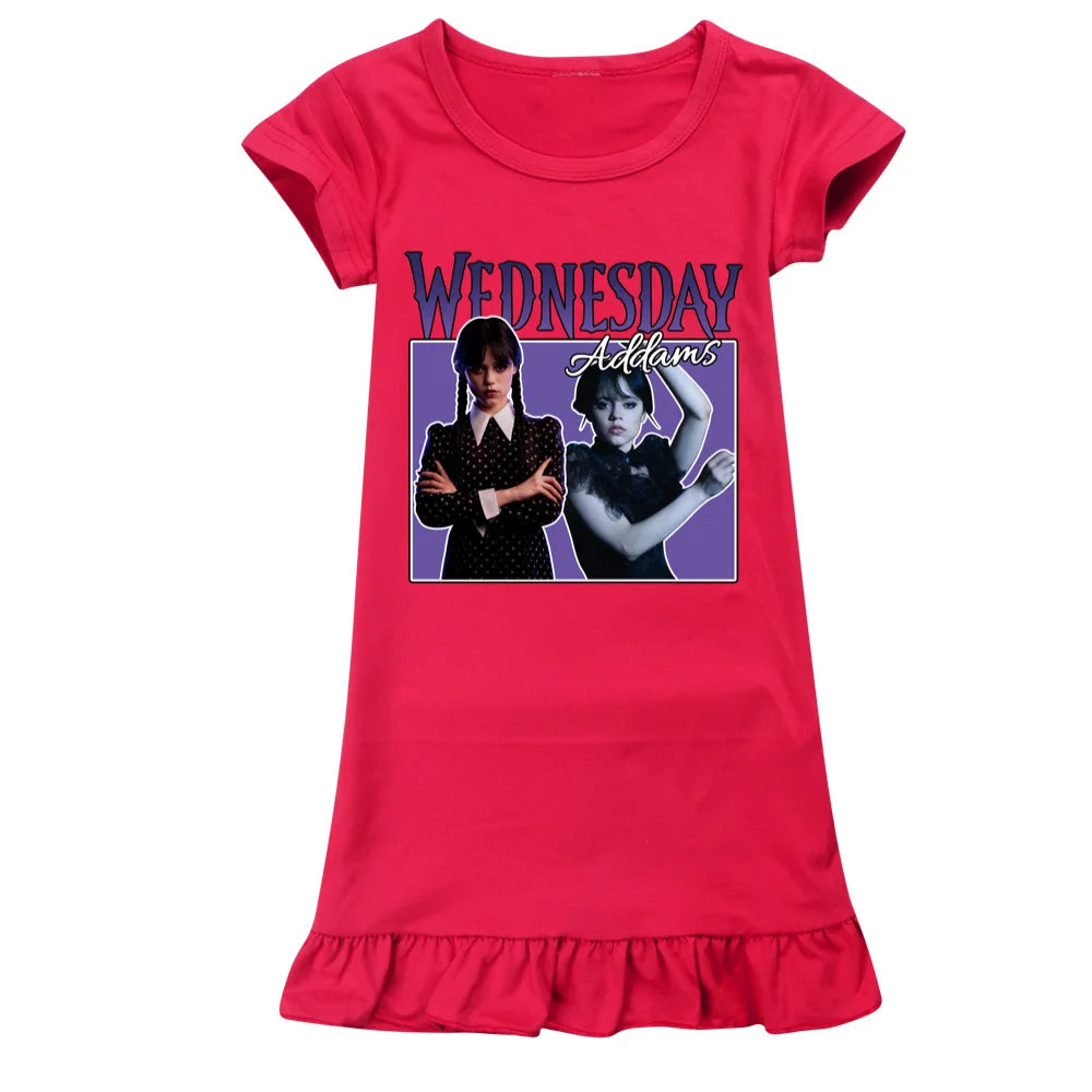 Summer Fashion Wednesday Addams Costume Kids Casual Dress Toddler Girls Short Sleeve Dresses Children A-line Party Sundress