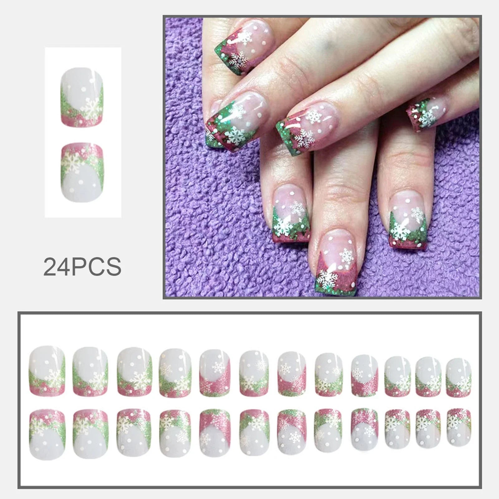 24Pcs Glossy Pink/Green Sequins French False Nails Nude Color Short Square Press On Nails Snowflake Printed Christmas Fake Nails