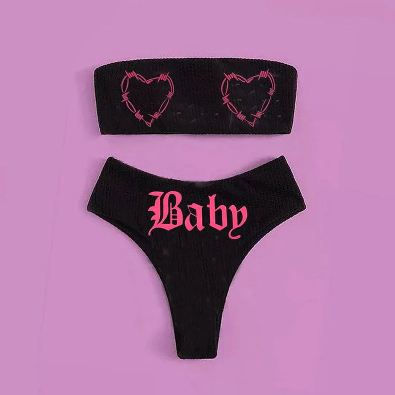 Sexy Goth Bikini 2023 Women Letters Skull Print Swimsuit Split Bathing Suit High Waist Gothic Bikinis Sets Beach Outfits 8