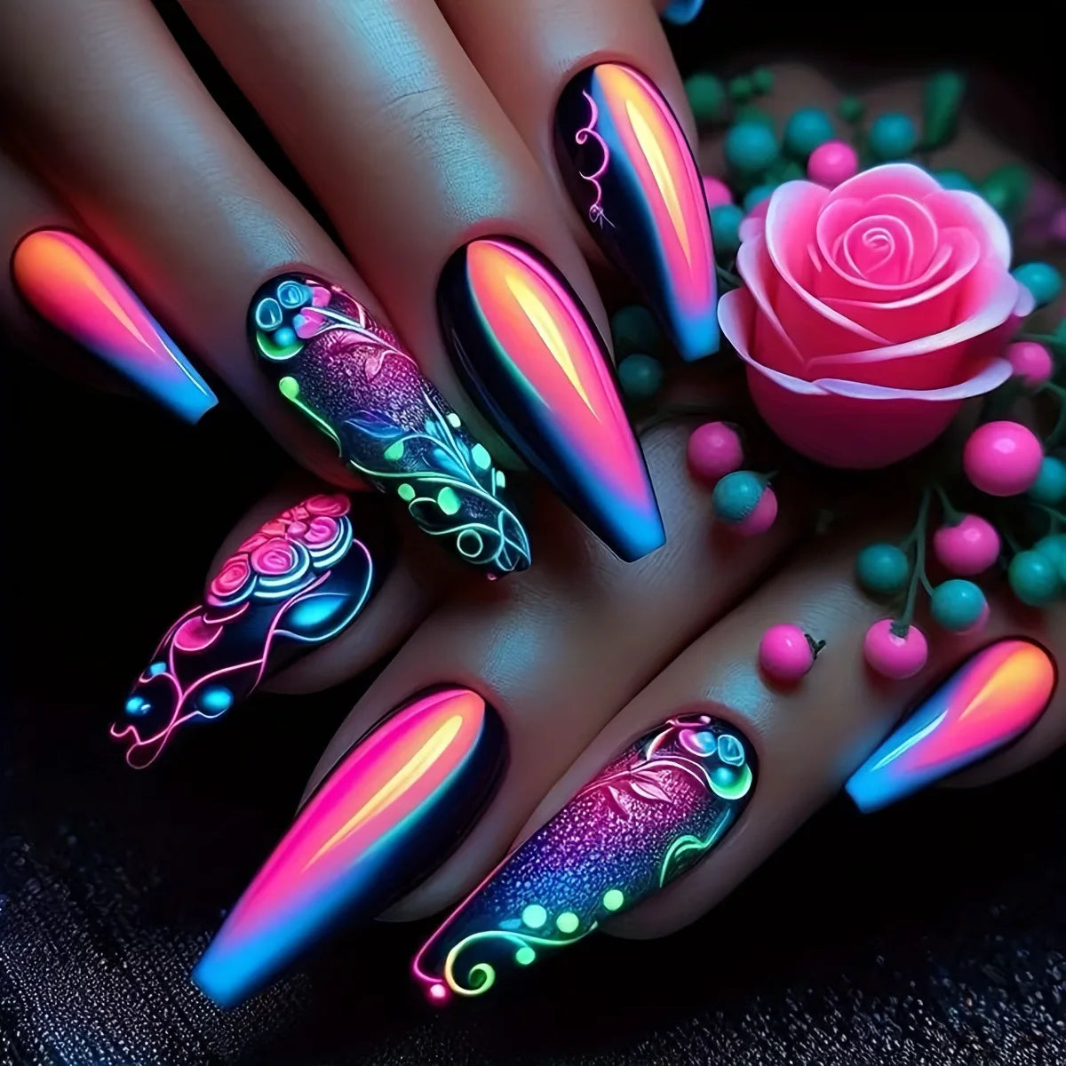 24pcs/set Medium long fake nails for women girls Y2K gradient purple blue yellow green square almond tips press on false nails