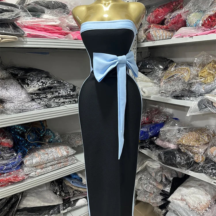 High Quality Women Sexy Strapless Off the Shoulder Bow Bodycon Long Bandage Dress Nightclub Party Celebrate Birthday Outfit
