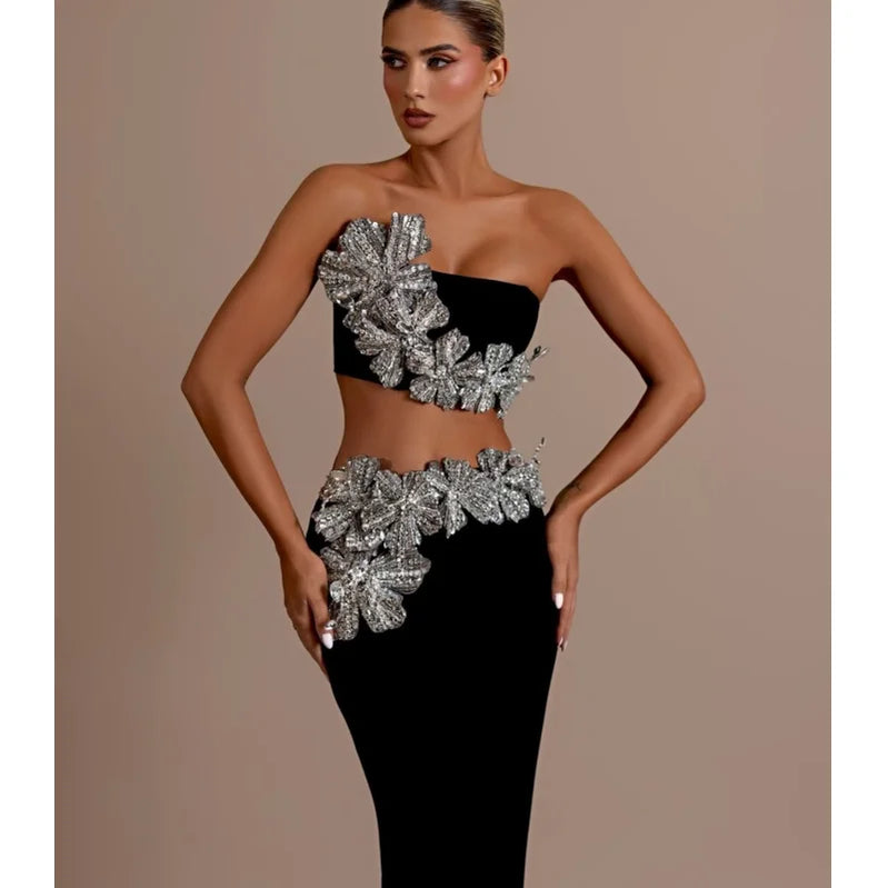 2024 Luxury Dazzling Diamond Flowers Short Strapless Top And Ankle Length Skirt 2 Pieces Woman Set Celebrity Party Vestido