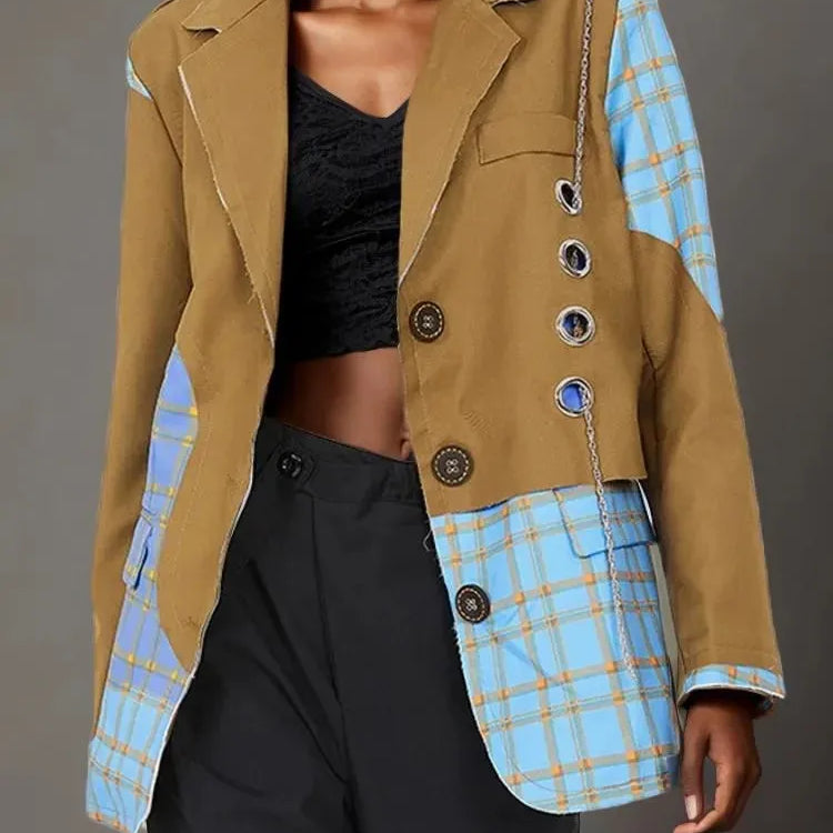 TWOTWINSTYLE Colorblock Spliced Denim Blazers For Women Notched Collar Long Sleeve Patchwork Chain Chic Blazer Female Clothing