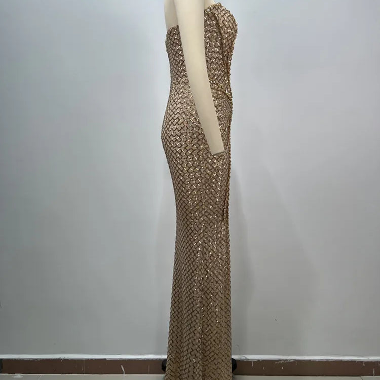 Women Celebrity Sexy Strapless Sequins Gold Crystal Split Maxi Long Gowns Dress 2024 Elegant Evening Party Club Vestido
