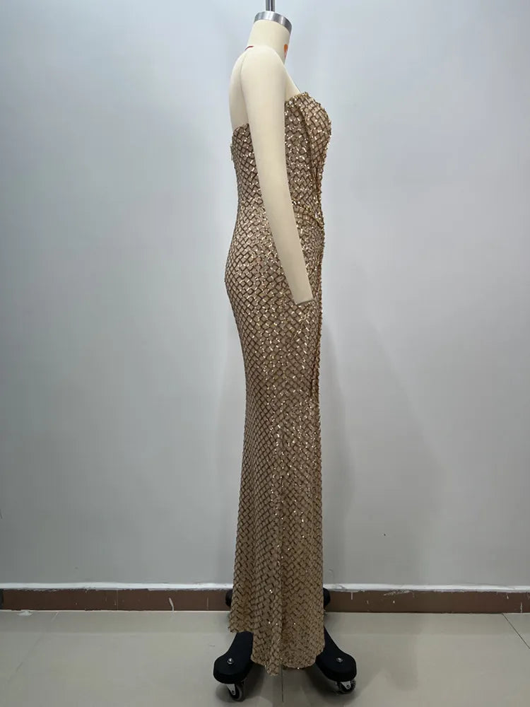 Women Celebrity Sexy Strapless Sequins Gold Crystal Split Maxi Long Gowns Dress 2024 Elegant Evening Party Club Vestido