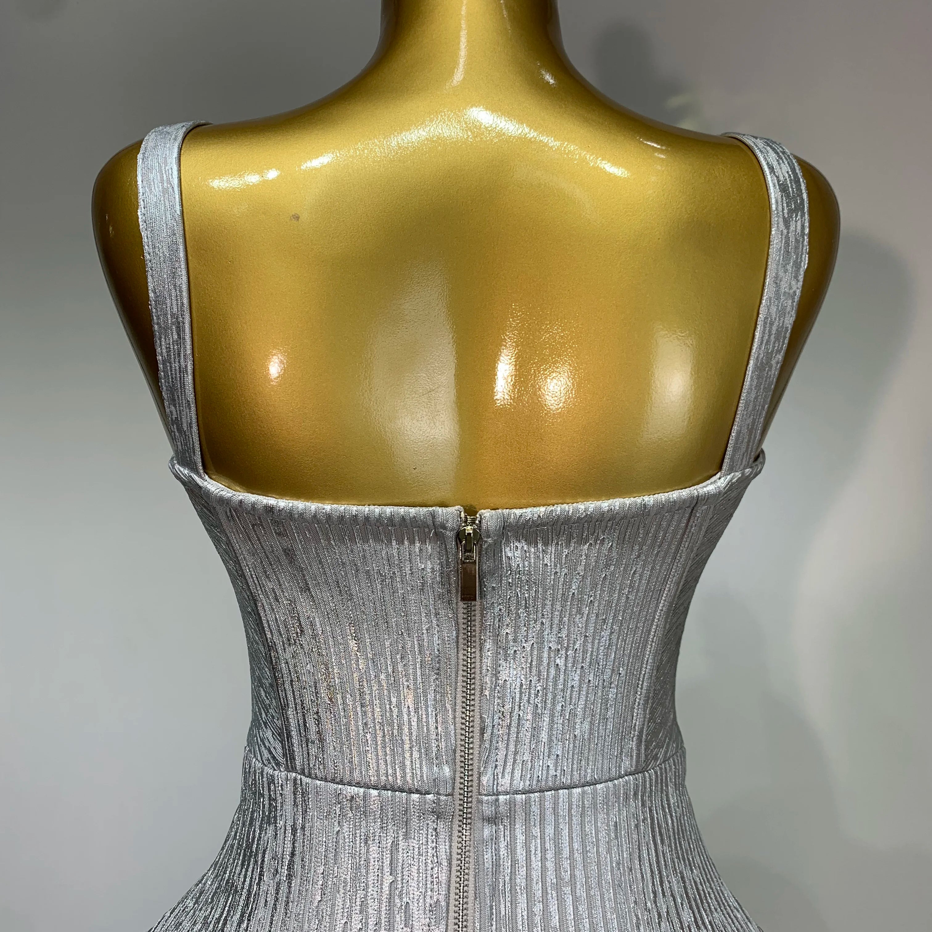 Women Sleeveless Sexy Silver V Neck Bodycon Midi Bandage Dress Celebrate Nightclub Party Birthday Dress Wedding Guest Dress