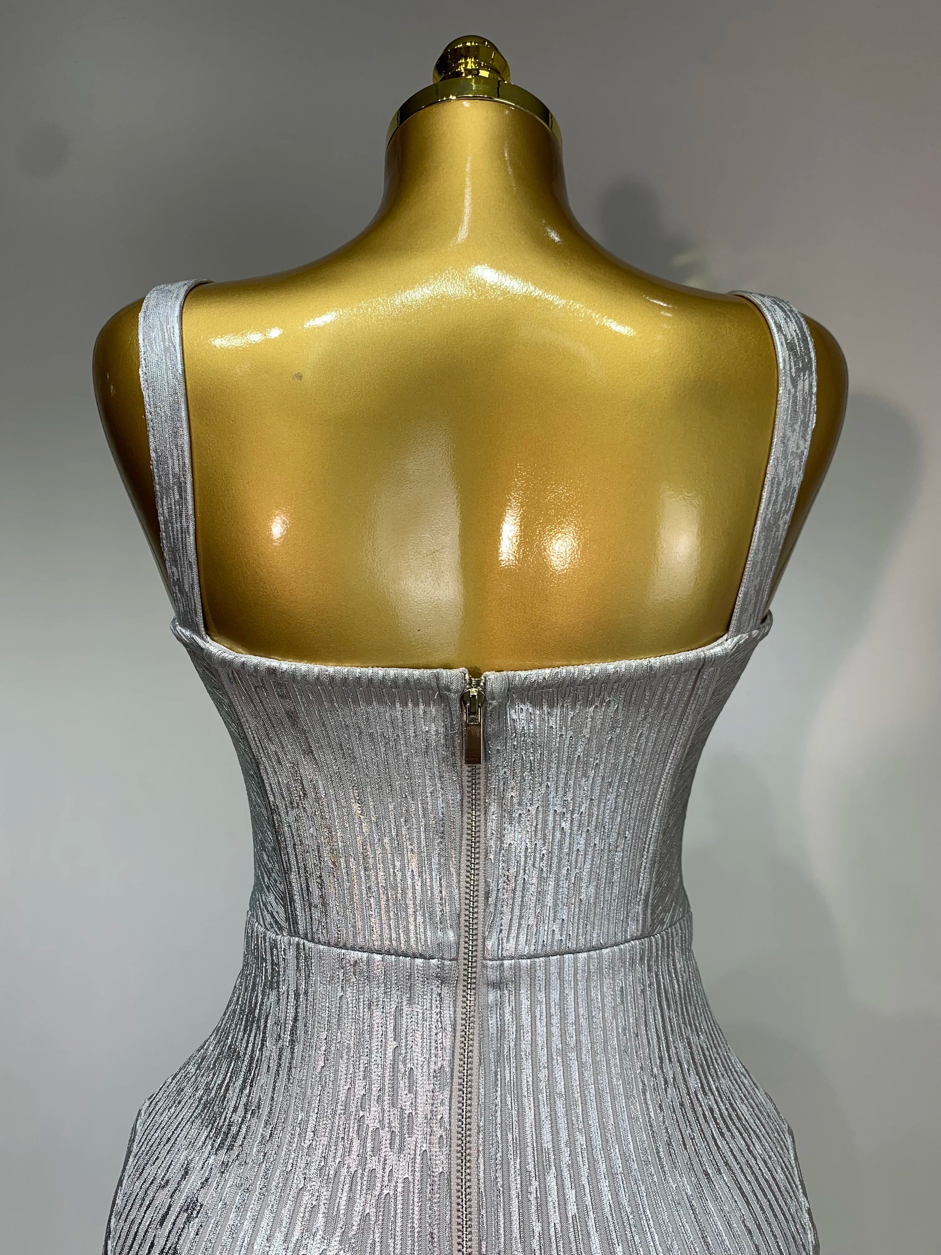 Women Sleeveless Sexy Silver V Neck Bodycon Midi Bandage Dress Celebrate Nightclub Party Birthday Dress Wedding Guest Dress