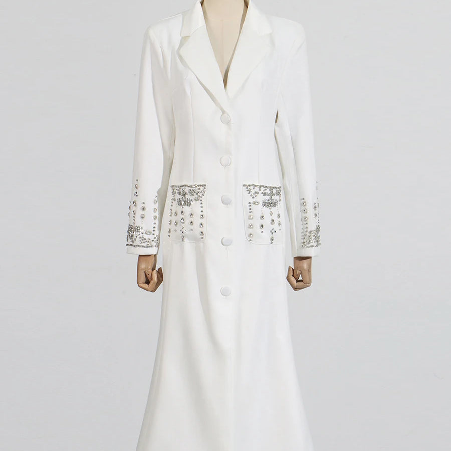 TWOTWINSTYLE Solid Slimming Spliced Diamonds Dresses for Women Lapel Long Sleeves Patchwork Single Breasted Dress Female Fashion