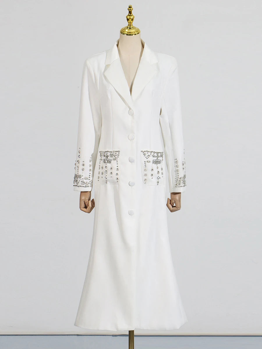 TWOTWINSTYLE Solid Slimming Spliced Diamonds Dresses for Women Lapel Long Sleeves Patchwork Single Breasted Dress Female Fashion