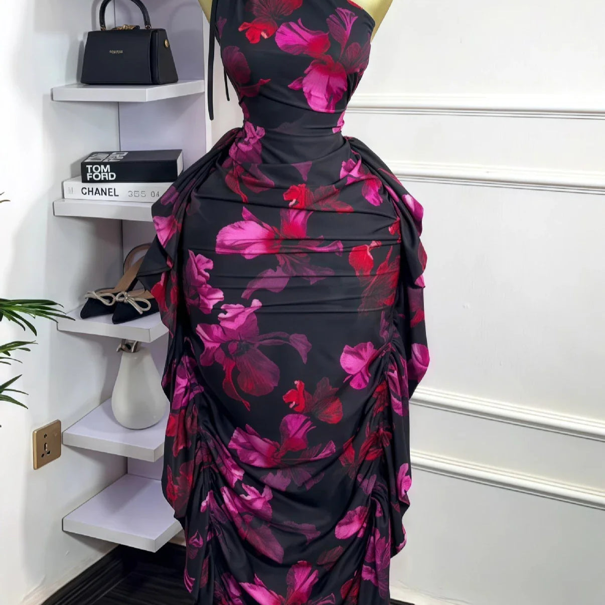 CM.YAYA Women Floral Printed One Shoulder Sleeveless Stacked Ruched Bodycon Midi Maxi Long Dress 2025 Sexy Party Evening Dresses