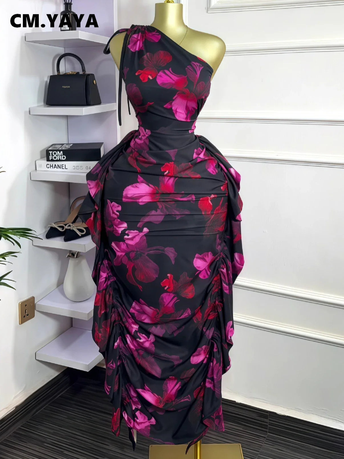 CM.YAYA Women Floral Printed One Shoulder Sleeveless Stacked Ruched Bodycon Midi Maxi Long Dress 2025 Sexy Party Evening Dresses