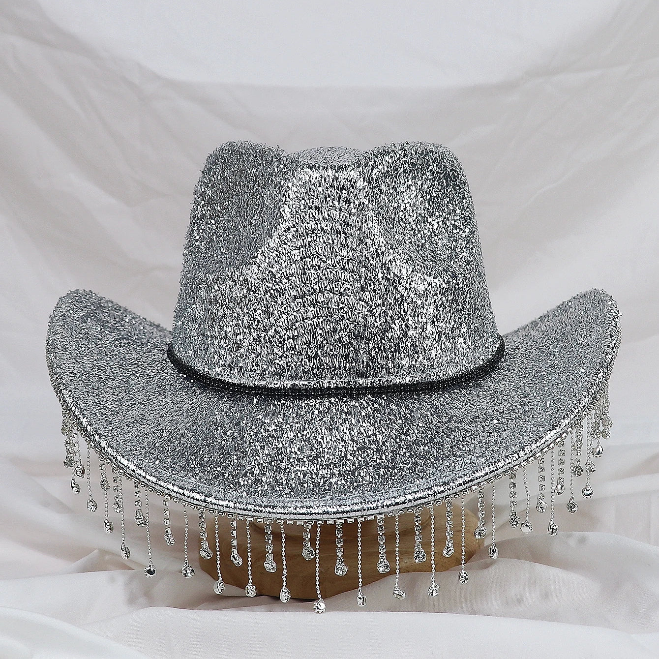 Prata senhora ocidental cowboy chapéu strass borla festa chapéu elegante macio duffle chapéu aba larga sombra ao ar livre casual 