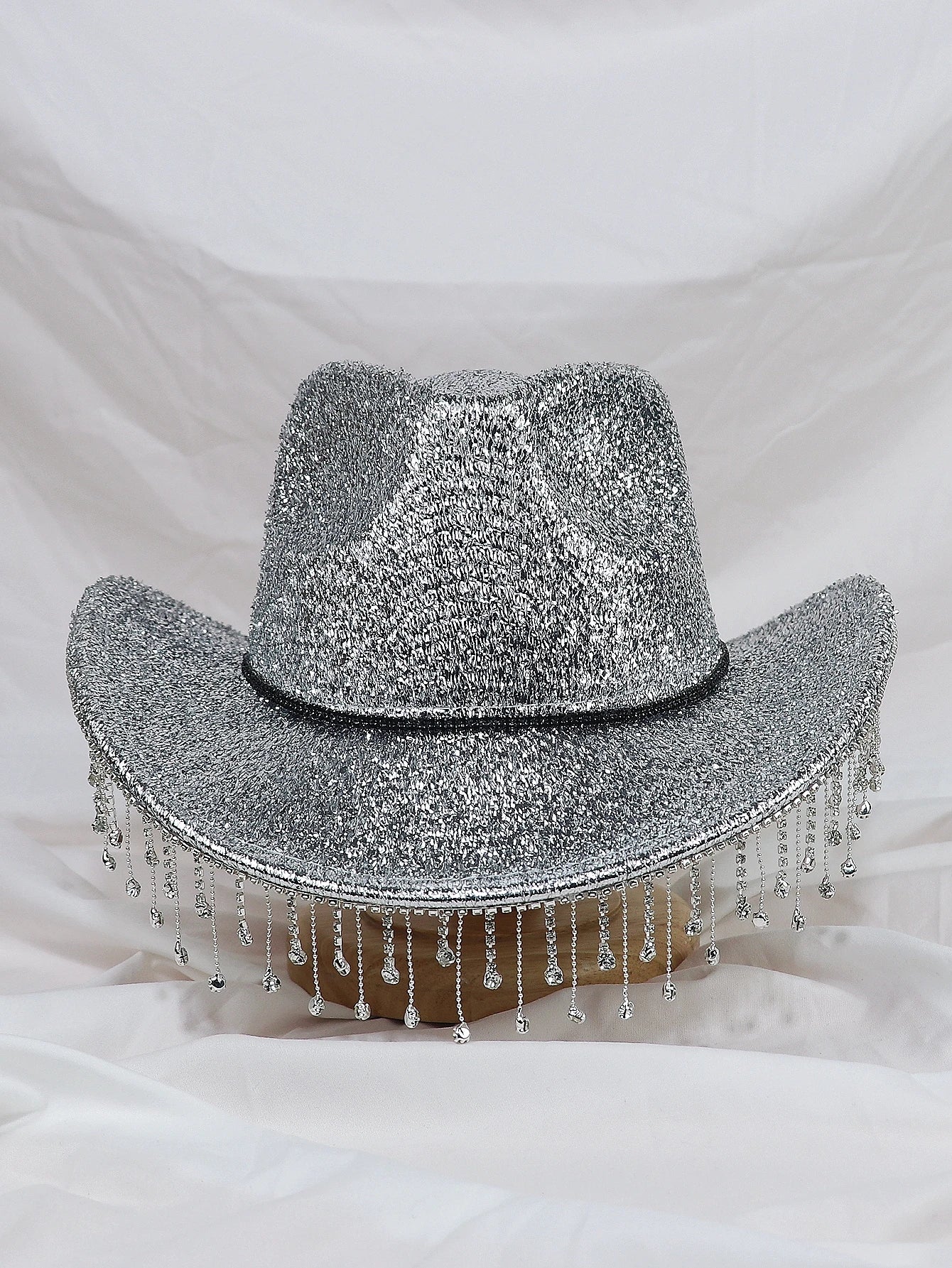 Silver Lady Western Cowboy Hat Rhinestone Tassel Party Hat Stylish Soft Duffle Hat Wide Brim Shade Outdoor Casual